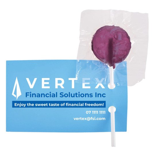 Purple lollipop on a card with a logo, featuring blue and white colours.