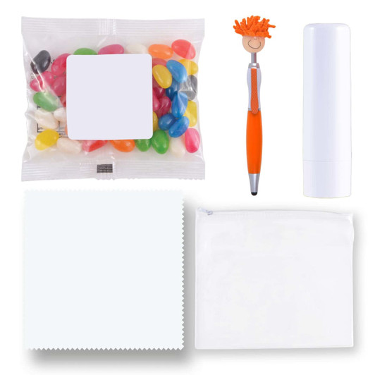 A collection of items including colorful jelly beans, an orange pen, a white lip balm tube, a white pouch, and a cleaning cloth.