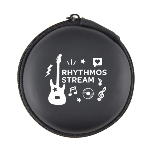 A round black case featuring a guitar design and music-themed graphics, including a logo and various symbols.