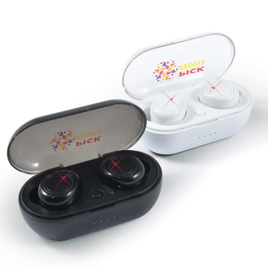 Wireless earbuds in black and white, housed in a compact charging case with a transparent lid and a logo.