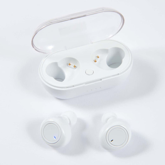 White Tempest TWS earbuds positioned outside their charging case, which is also white and features a clear lid.