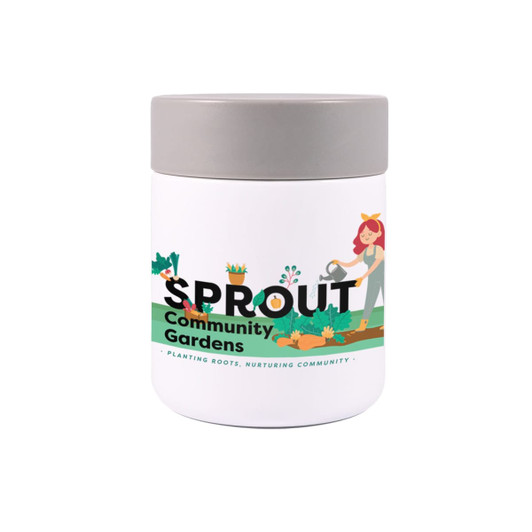 A white food container with a gray lid, featuring a colorful design and a logo.