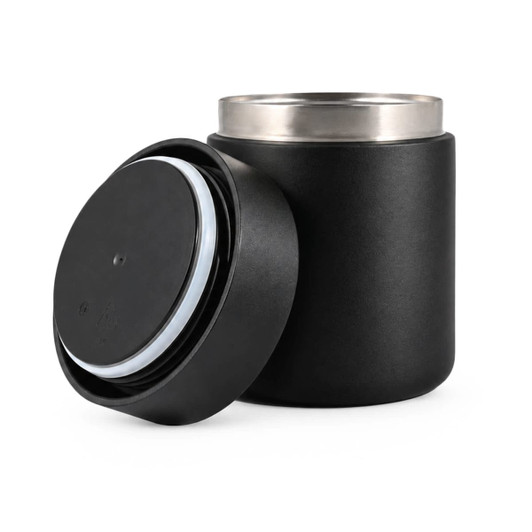 A black food container with a removable lid, featuring a stainless steel interior for insulation.