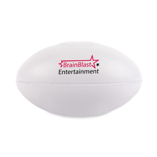 A football-shaped stress reliever with a smooth surface and a logo printed on one side.