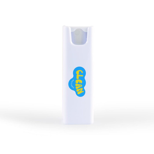 A white spray bottle with a colourful logo, designed for cleaning screens and compatible with phone and technology surfaces.