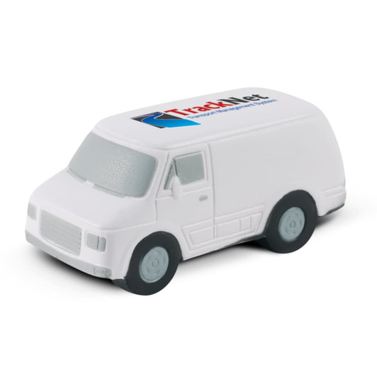 A stress toy in the shape of a van, featuring a logo on the roof. The van is primarily white with black wheels.