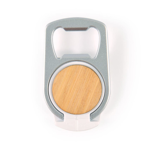 A drink bottle opener phone stand featuring a silver frame and a wooden base. Includes a logo on the design.