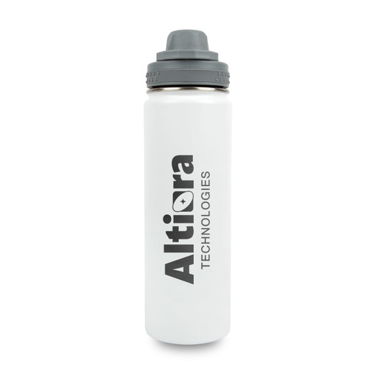 A drink bottle in white with a grey lid and a logo. Ideal for keeping beverages hot or cold.