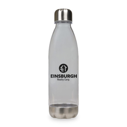 A drink bottle made of clear plastic with a stainless steel lid and a logo on the front.