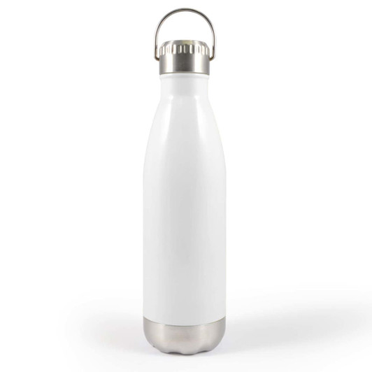 A drink bottle in white with a stainless steel bottom and a metal hanger lid. Includes a logo on the surface.