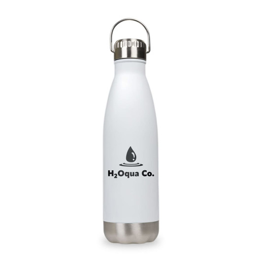 A drink bottle in white with a stainless steel base and a hanger lid, featuring a logo.