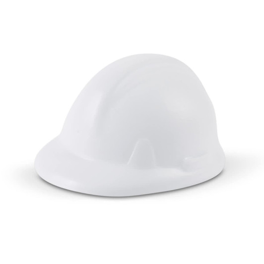 A stress-relief toy designed as a white hard hat, suitable for fun and games.