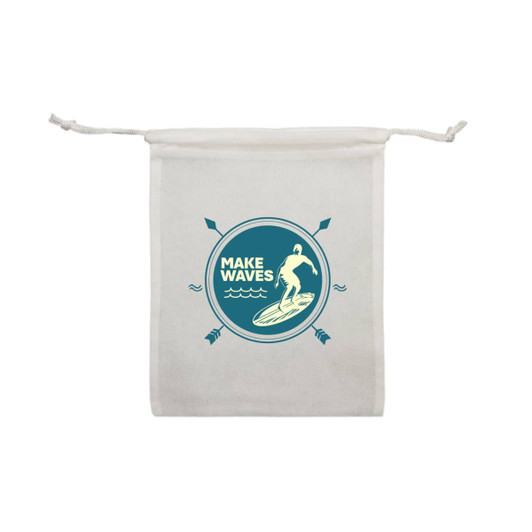 A cream drawstring pouch featuring a surfboard design and a logo. It has a simple, beach-themed aesthetic.