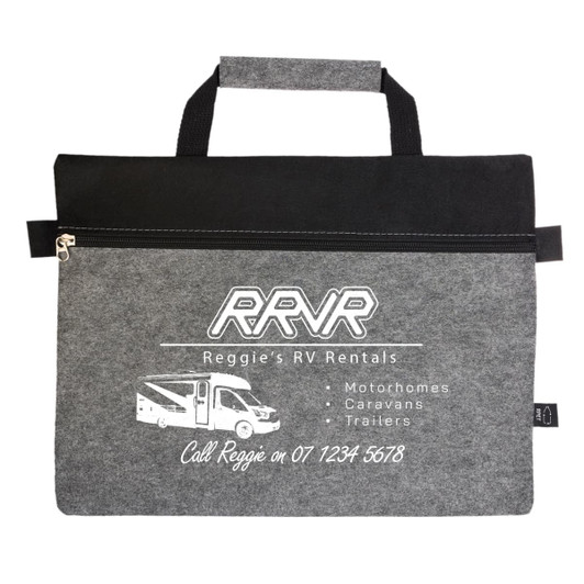 A grey felt satchel with a black top and a zip, featuring a logo and contact details for RV rentals.