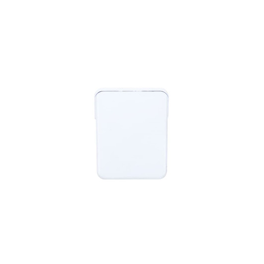 A rectangular pencil sharpener in a white color, featuring a sleek design and a simple logo on the front.