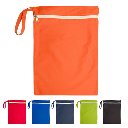An orange wet bag with a zip, also available in red, blue, green, dark grey, and black. Features a carry handle and logo.