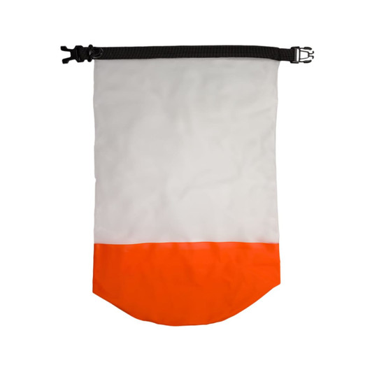A waterproof bag featuring a clear upper section and an orange lower section, secured with a black buckle closure.
