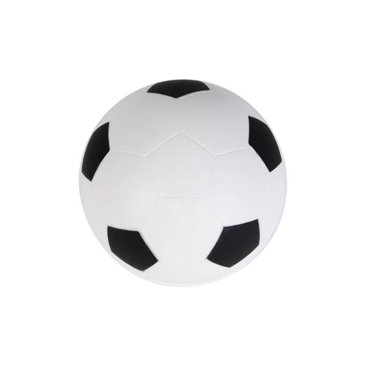 A white soccer ball stress reliever with black patches, featuring a smooth surface and one logo.