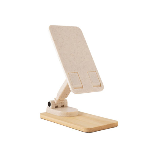 A phone stand in beige with a wooden base, featuring a sleek, adjustable design.