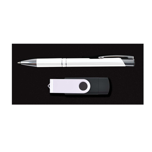 A pen and a flash drive are featured in the Cove Gift Set, showcasing sleek black and white designs.