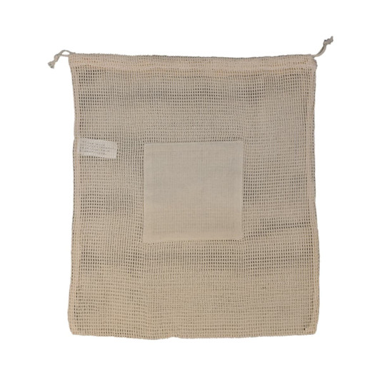 A beige mesh produce bag with a drawstring closure and a small pocket on the front. It features a branding logo.