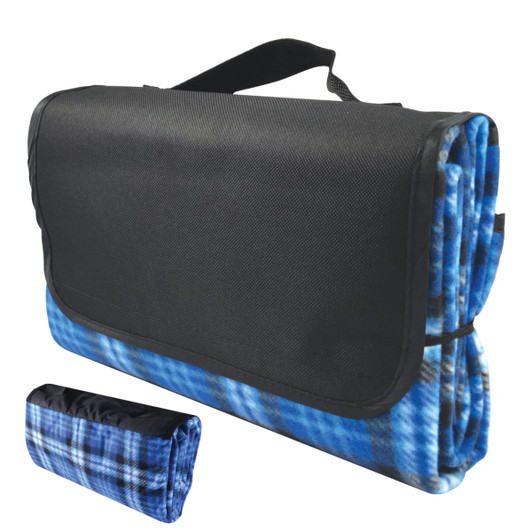 A folded blue and black picnic blanket with a carrying handle, featuring a plaid design. Includes a logo.