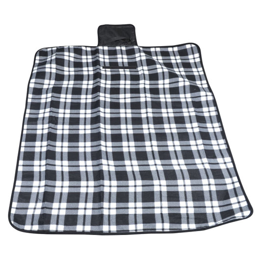 A Leisure Picnic Blanket featuring a classic black and white plaid pattern, designed for outdoor use.