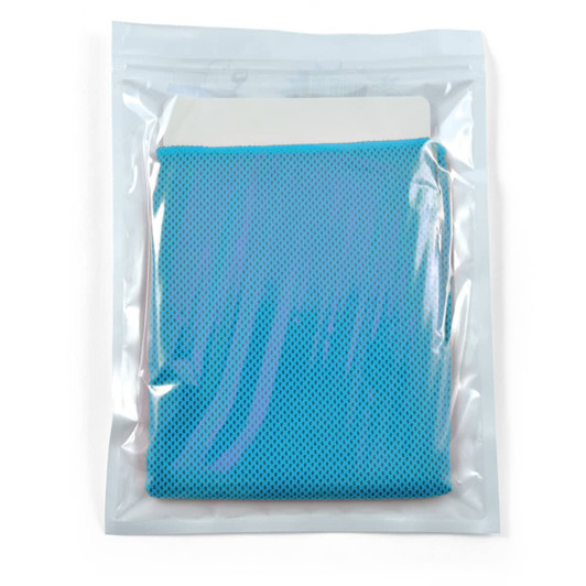 A cooling towel packaged in a clear plastic pouch, featuring a vibrant blue design with a textured surface.