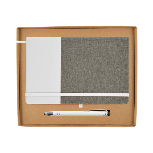 A notebook with a gray fabric cover and a pen, packaged in a cardboard gift box.