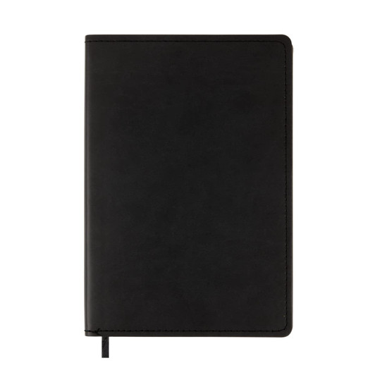 A sleek black Genesis A5 Notebook featuring a minimalist design with a stitched spine and a ribbon bookmark.