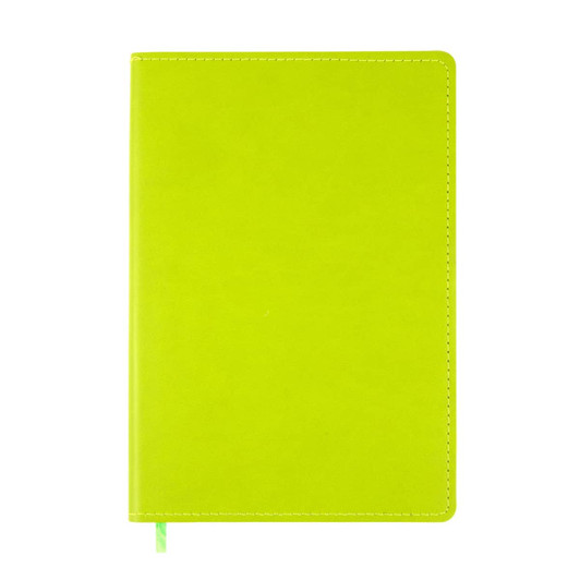 A bright green A5 notebook with a smooth cover and a ribbon bookmark.