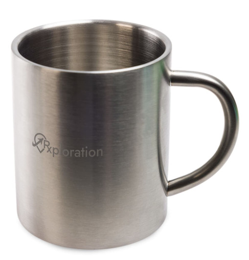 A stainless steel coffee mug with a smooth finish and a handle, featuring a logo on the side.