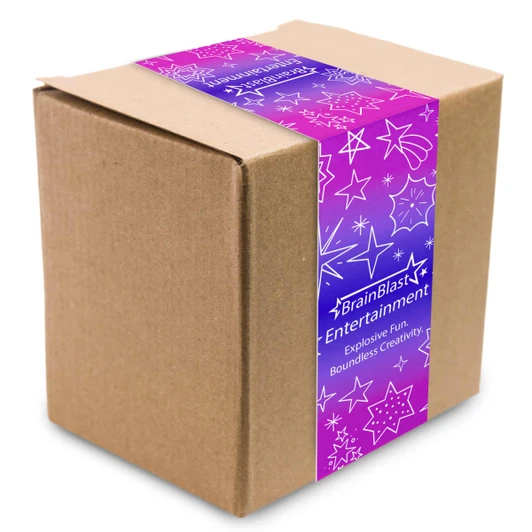 A packaged gift box wrapped with a colourful, starry design featuring a logo.
