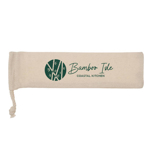 A cream pouch featuring a logo, designed to hold a bamboo straw set.