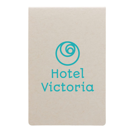 A set of beige sticky notes with a logo and the text "Hotel Victoria" in turquoise.