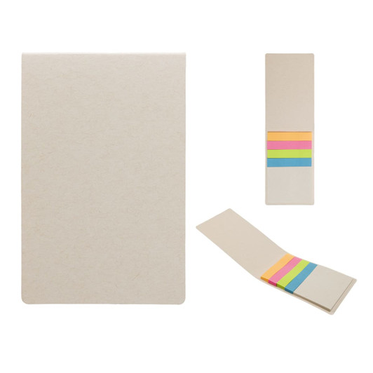 A set of sticky notes with a beige cover and colorful sticky flags in pink, yellow, orange, and green.