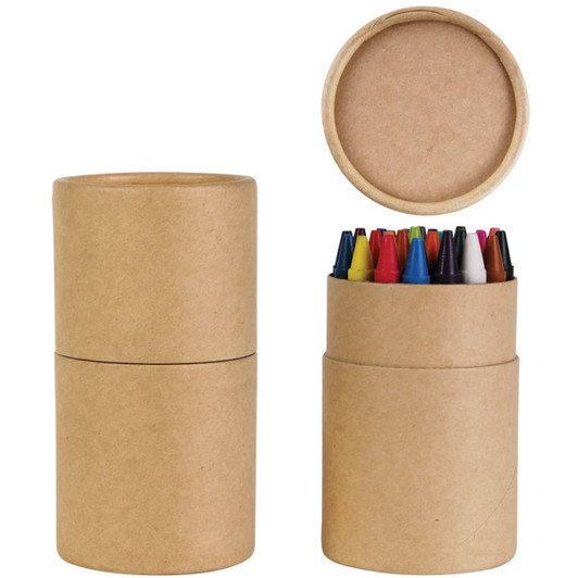 A cylindrical container with a lid holds a variety of colorful crayons in red, blue, yellow, and more.
