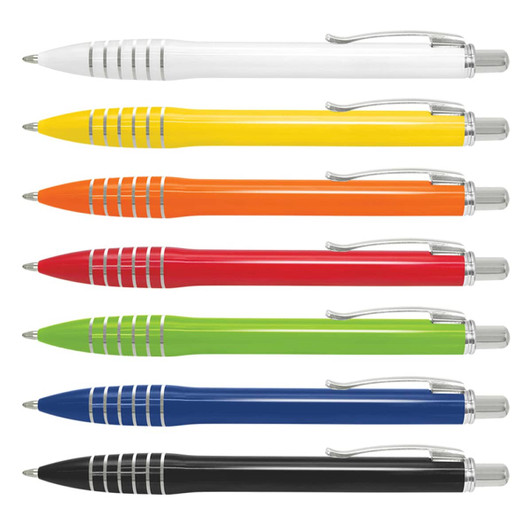 A collection of metal pens in white, yellow, orange, red, green, blue, and black with silver accents and a logo.