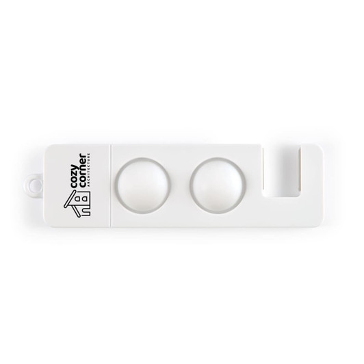 A white phone stand with two circular mounts and a hook, featuring a logo.