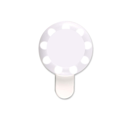 A round LED selfie light with a clip attachment, featuring multiple light settings for enhanced illumination.