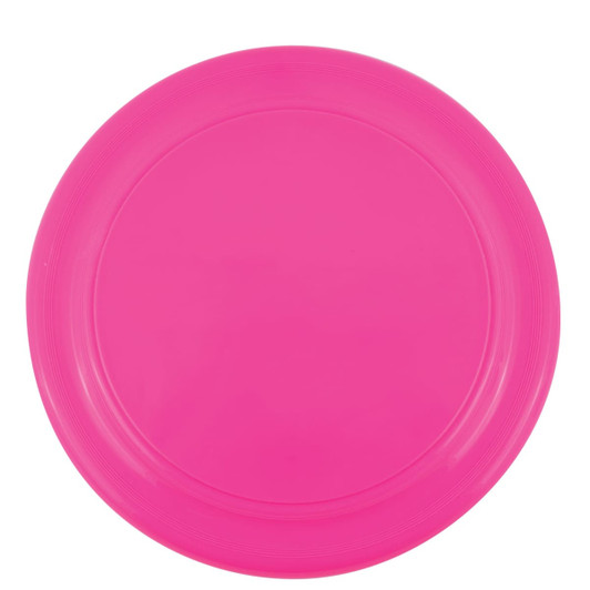 A pink frisbee with a smooth surface and a circular shape.