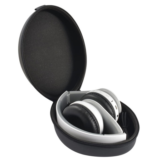 A pair of white and black Bluetooth headphones inside a black EVA zipper case. The case is oval-shaped.