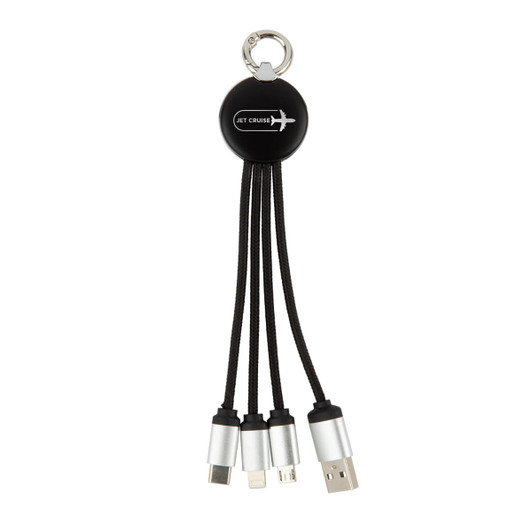 A round black charging cable with a keychain attachment and three connectors: USB, USB-C, and Lightning.