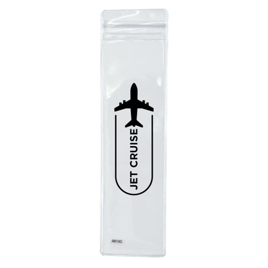 A clear packaging containing a charging cable with a logo featuring an airplane design.