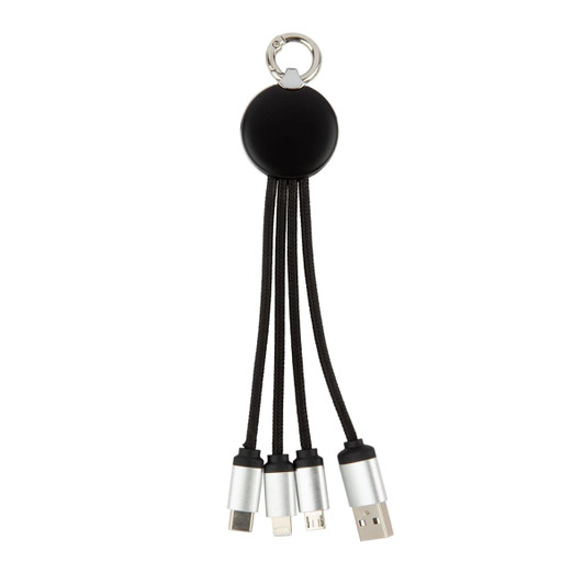 A black charging cable with three connectors and a keychain attachment, featuring a sleek and compact design.