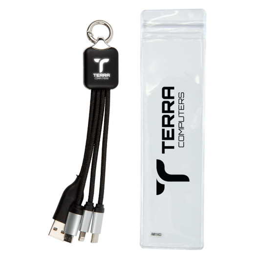 A charging cable set in black, featuring multiple connectors and a keyring, packaged in a transparent case.