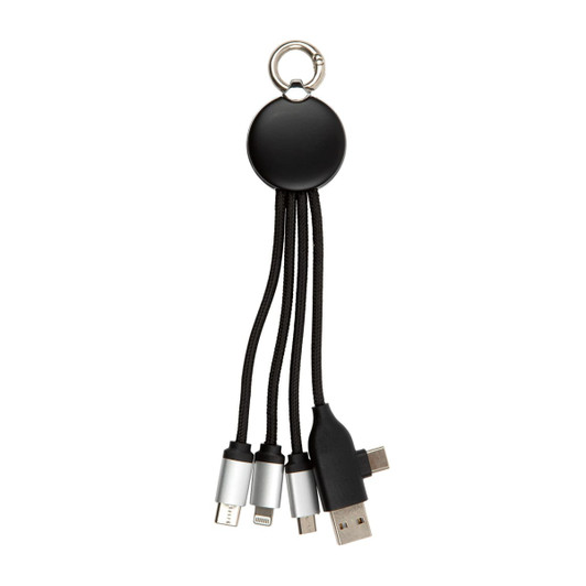 A charging cable with a round black holder and multiple connectors, including USB, Micro USB, and Lightning.