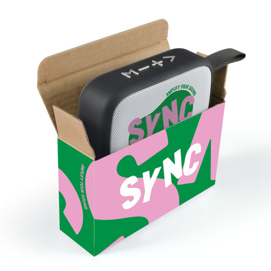 A black and white Jive Speaker packaged in a colourful box with a logo and graphic design elements.