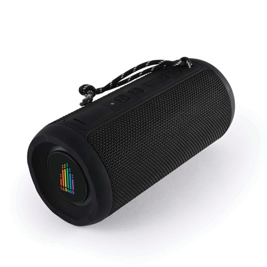 A black and textured cylindrical Bluetooth speaker with a carry strap and a logo on the front.