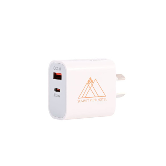 A white wall charger featuring a USB-C port and a logo, designed for phone and technology use.